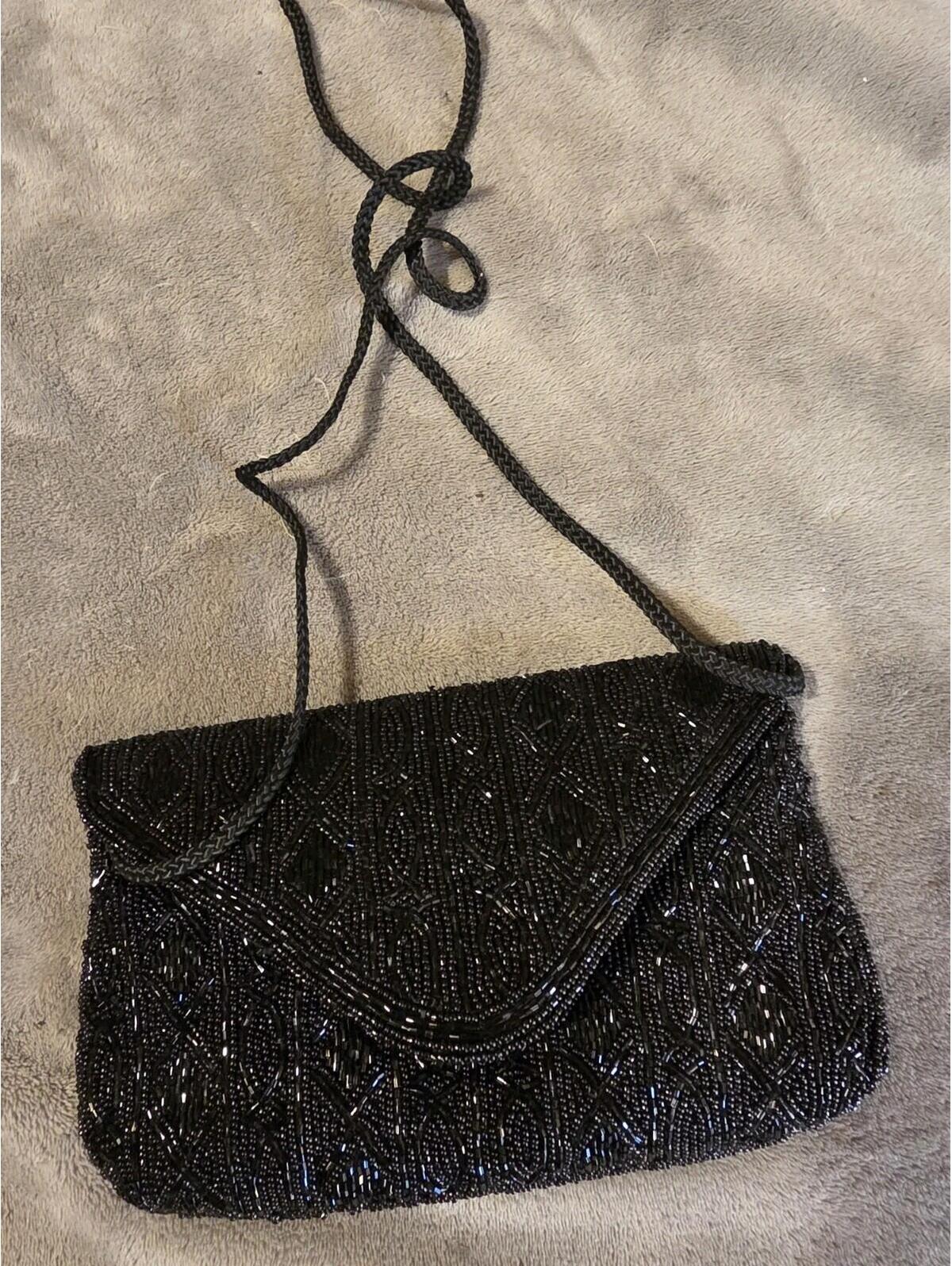 Vtg Andre Cellini Black Beaded Evening Shoulder Bag